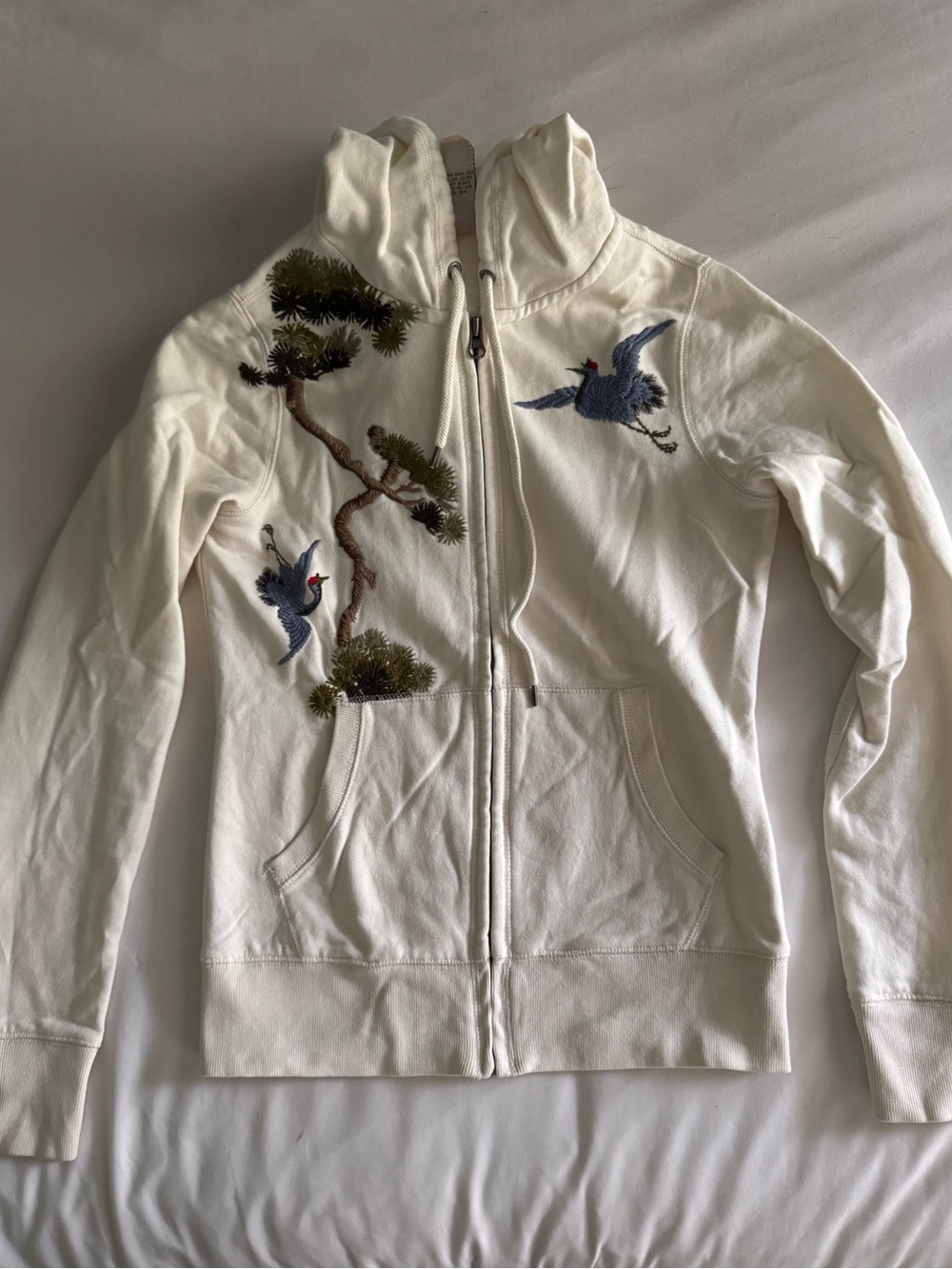 Lucky Brand White Embroidered Crane Zip Hoodie